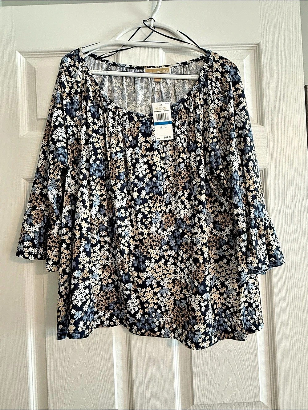 MICHAEL Michael Kors Floral Flutter Sleeve Blouse Blue & White XL NWT